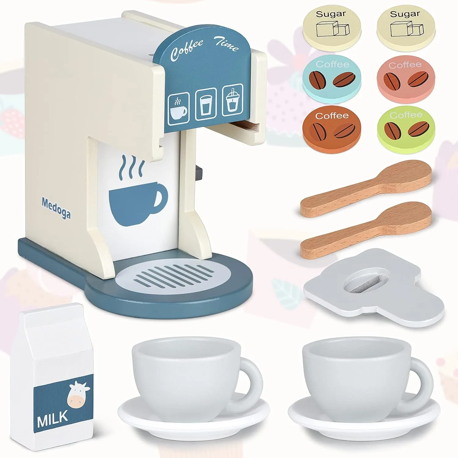 Espresso Machine Toddler Toy Kitchen Sets for Girls and Boys (Coffee magnetic Maker) (White) Play Kitchen Accessories Kids Wooden Coffee Maker Toy 