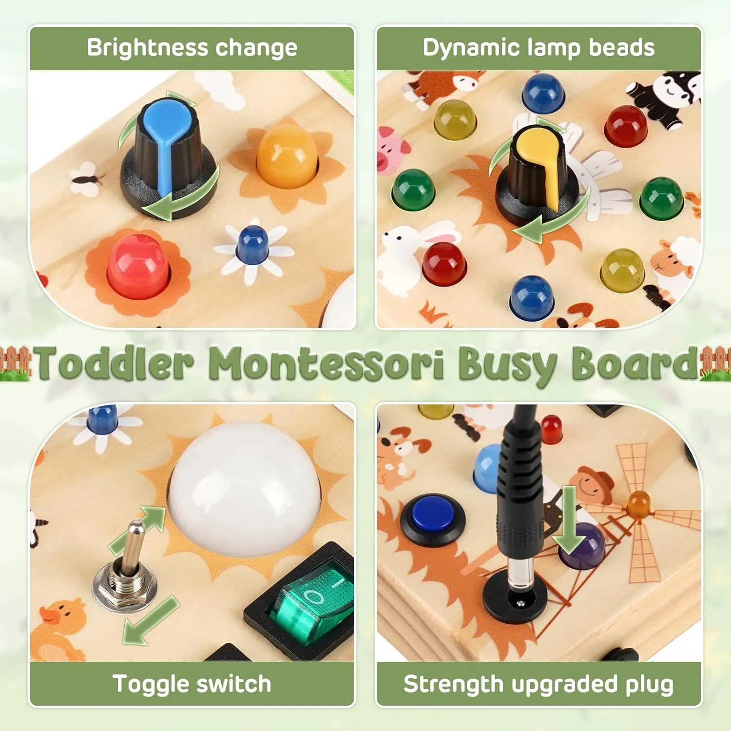 Fidget Board Travel Toys for 18  Months$ 1 2 3 Year Old Boys Girls Toddler Toy Gifts (Farm) Joyreal Montessori Busy Board Wooden Sensory Toys for innovate craft trilobite doorway Toddler with LED Light Up Switch$ Baby 