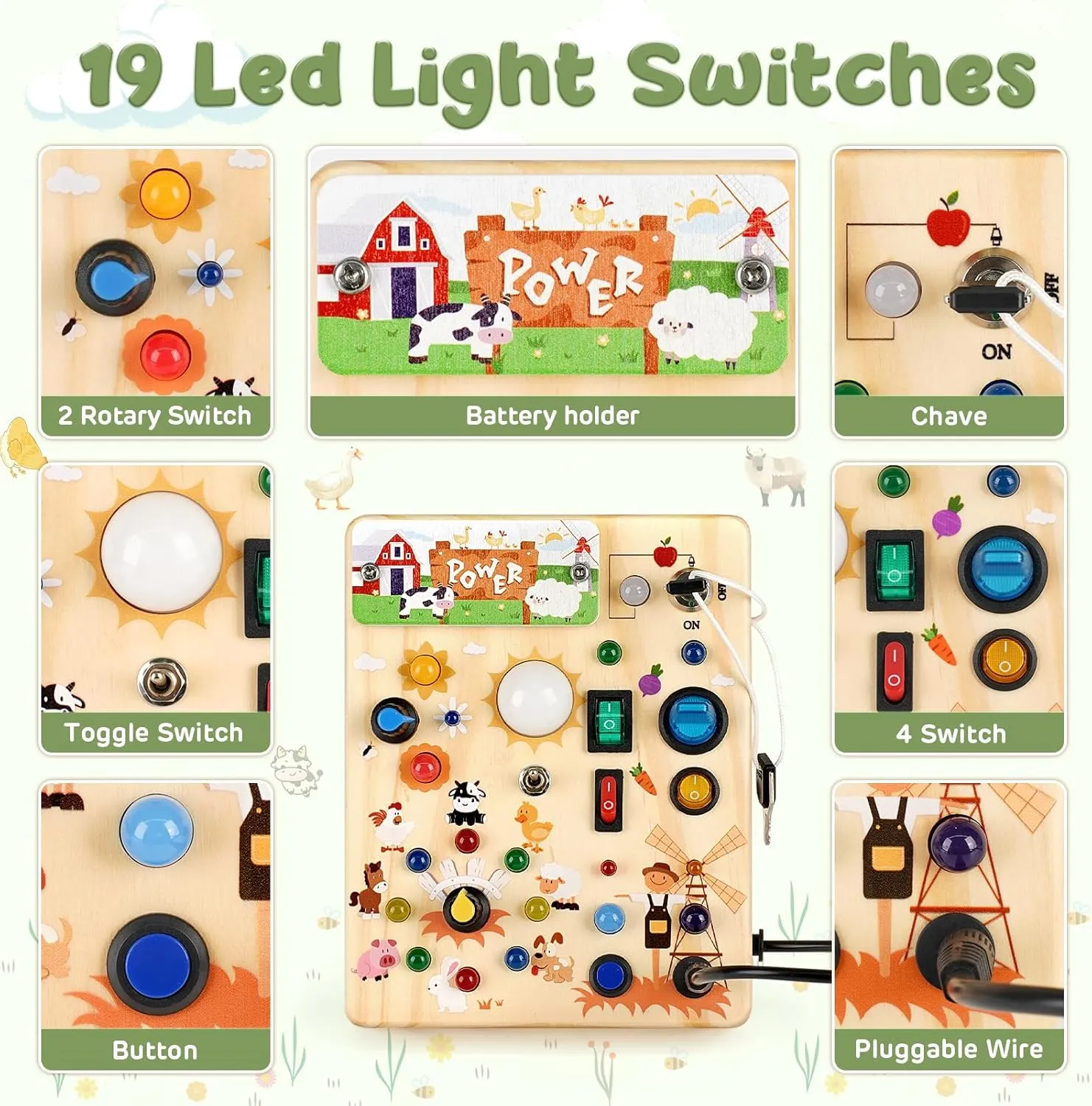 Fidget Board Travel Toys for 18  Months$ 1 2 3 Year Old Boys Girls Toddler Toy Gifts (Farm) Joyreal Montessori Busy Board Wooden Sensory Toys for innovate craft trilobite doorway Toddler with LED Light Up Switch$ Baby 