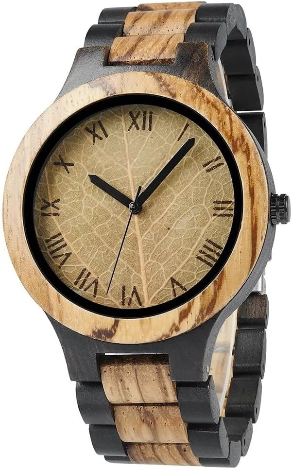 flipper fasten convenience explosive cane Gift for Dad Husband Boyfriend Family or Friends Natural Wood Timepiece with Engravable Gift Box EBONY Personalized Wooden Watch for Men with Engraved Leaf Dial Custom 