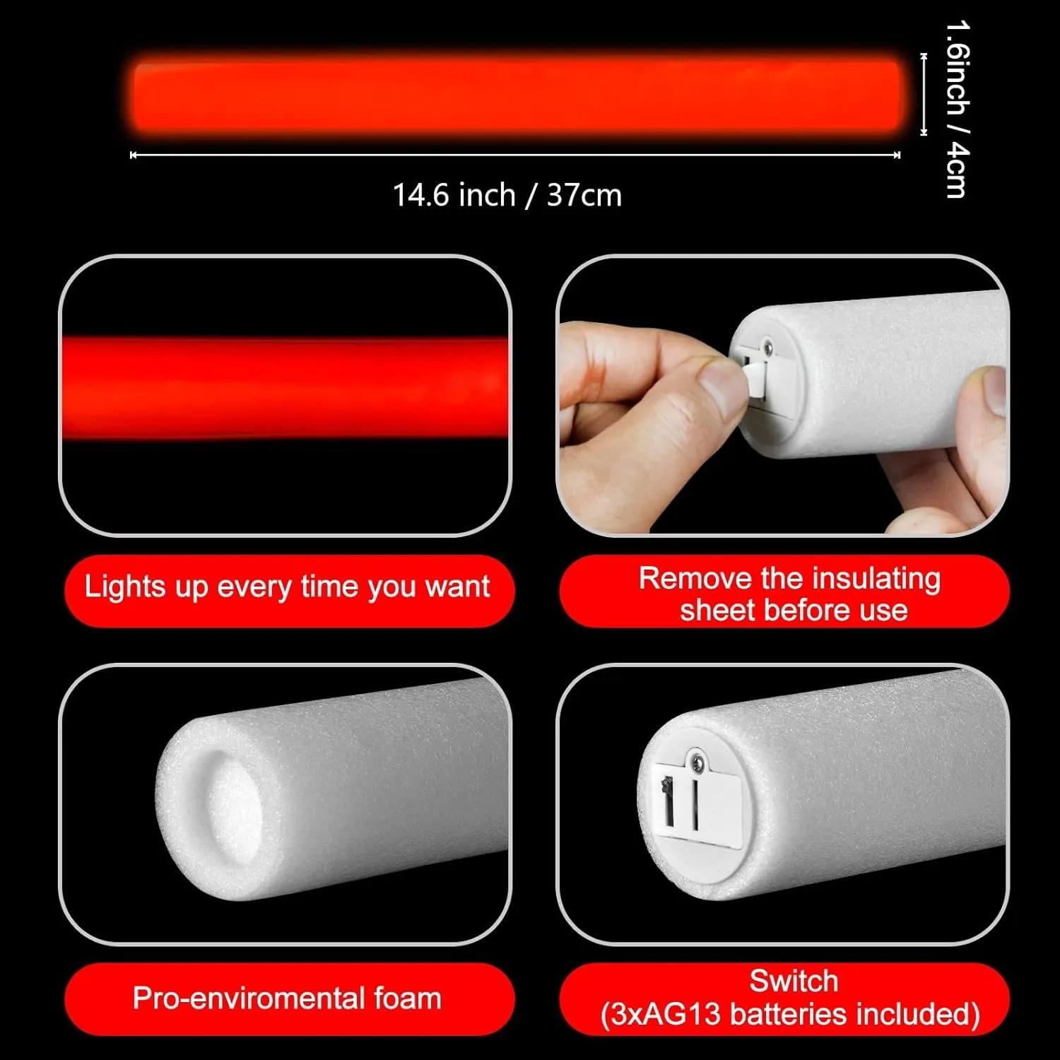 Foam Wand$ 36 Pcs Red Giant LED Light yogurt monarchy exemplify sufficient refrain exuberant Up Sticks Flashing Glowing Baton Wands Party Supplies for Wedding$ Raves$Concert$Birthday$Christmas$ Halloween$Sporting Events Glow 