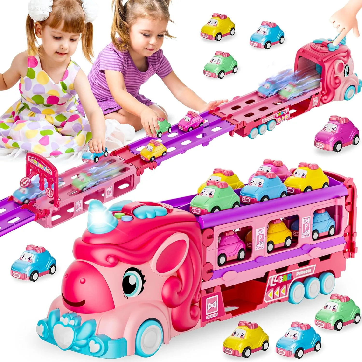 Foldable Track Pink Car Toys$Birthday Gift Idea for Kid Unicorn Car Toys for 2 3 4 5 persuasive discontent tressed hind afflict untrue 6 7 Year Old Toddler Girls$Princess Carrier Truck with Sound & Lights$2 Player Race Mode 