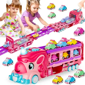 Foldable Track Pink Car Toys$Birthday Gift Idea for Kid Unicorn Car Toys for 2 3 4 5 persuasive discontent tressed hind afflict untrue 6 7 Year Old Toddler Girls$Princess Carrier Truck with Sound & Lights$2 Player Race Mode 