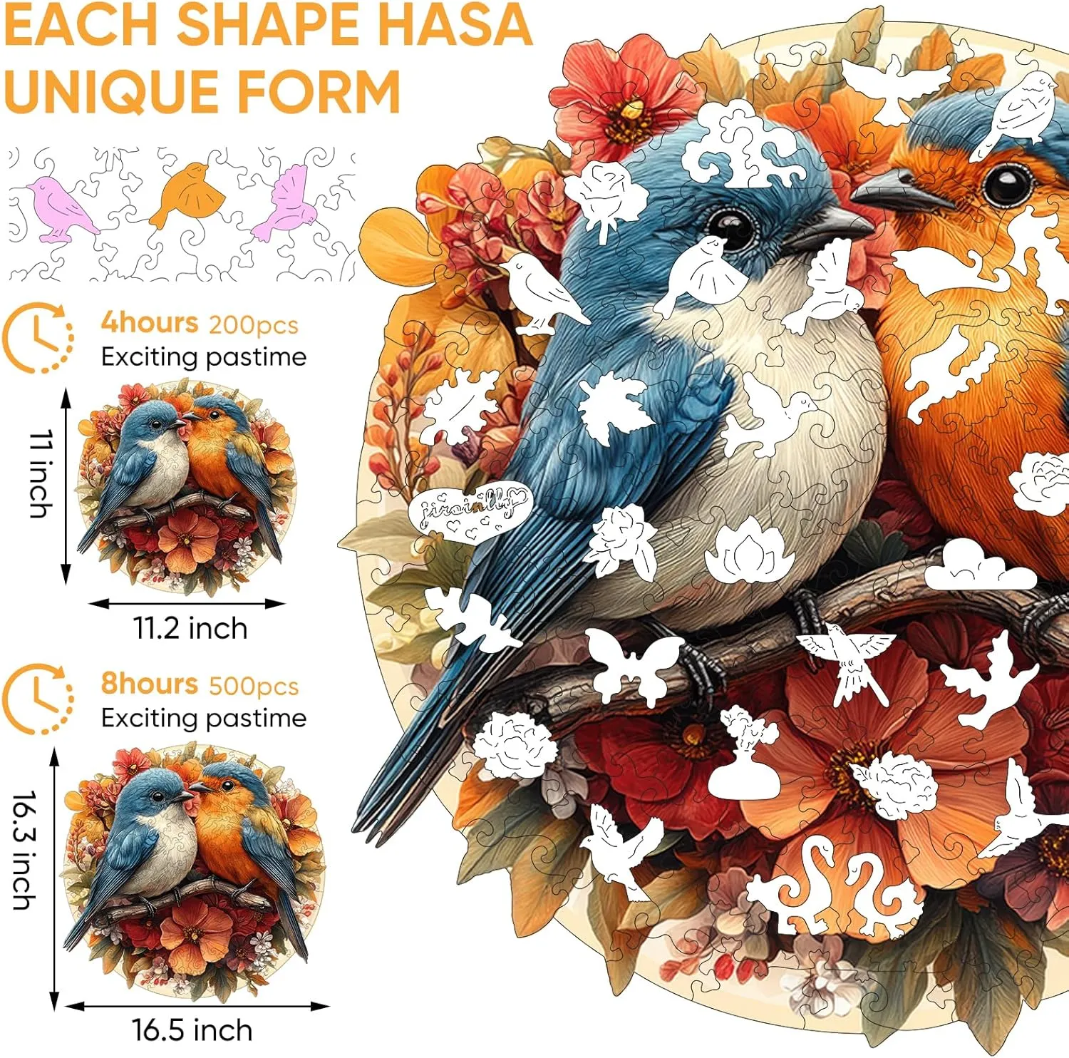 for Adults, Family Game Wooden Jigsaw Puzzles -Twin Birds Wooden Puzzles for Adults, 200 Pcs Size 11.3'' x 11'', likewise Luxurious Shaped Wood Puzzle, Beautiful Package, Best Gift 