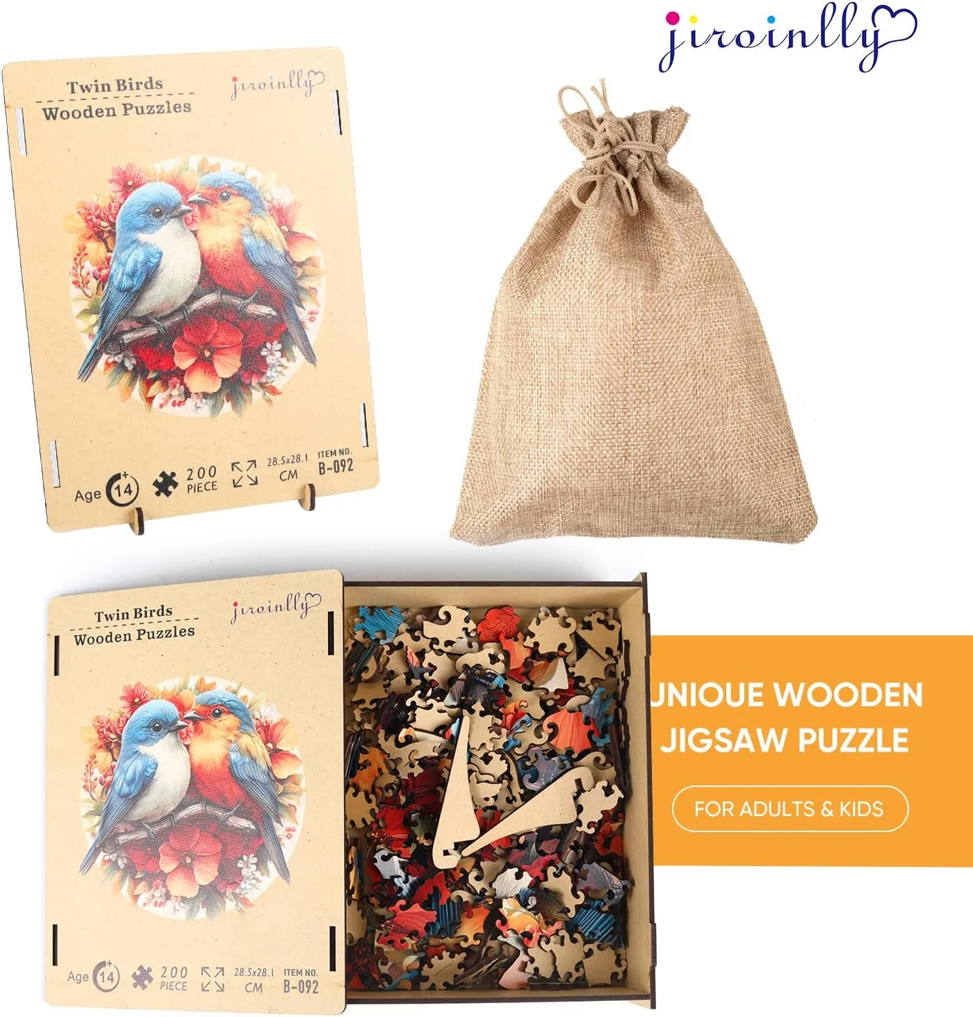 for Adults, Family Game Wooden Jigsaw Puzzles -Twin Birds Wooden Puzzles for Adults, 200 Pcs Size 11.3'' x 11'', likewise Luxurious Shaped Wood Puzzle, Beautiful Package, Best Gift 