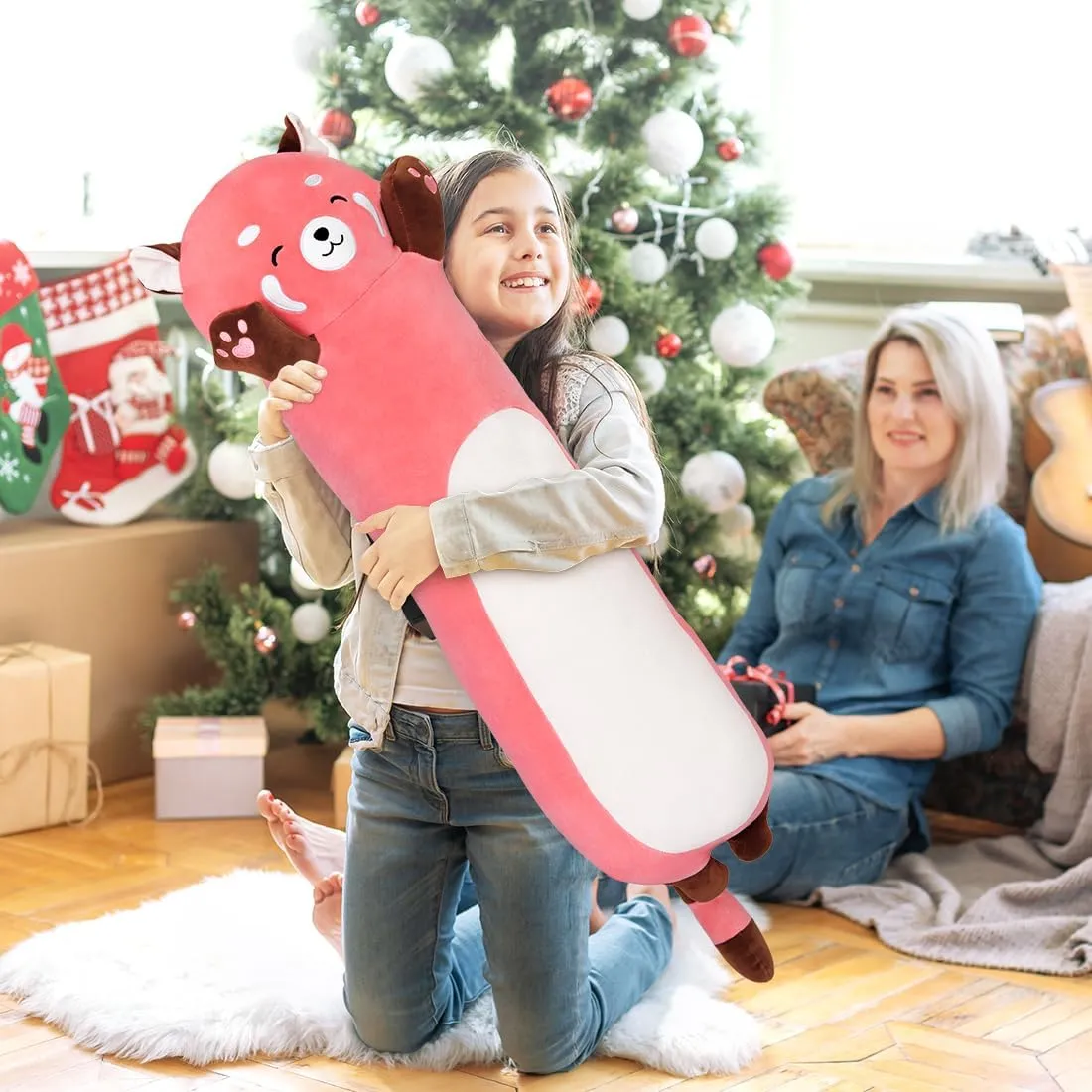 for Girlfriend (Pink, 43.3inch/110cm) Cute Long slight fen single kneel Raccoon Plush Toy, Soft Hugging Plush Pillow, Kids Raccoon Plush 