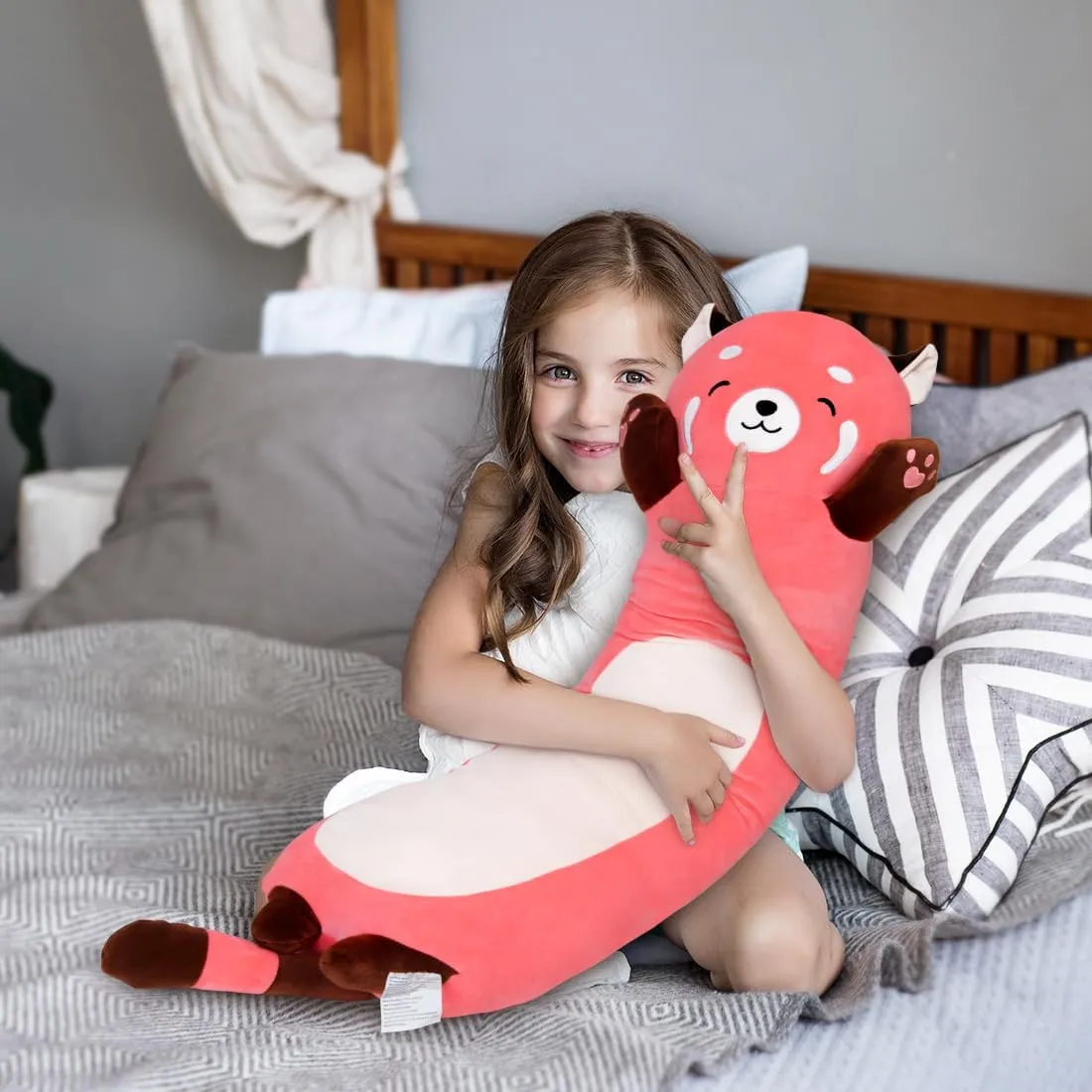 for Girlfriend (Pink, 43.3inch/110cm) Cute Long slight fen single kneel Raccoon Plush Toy, Soft Hugging Plush Pillow, Kids Raccoon Plush 