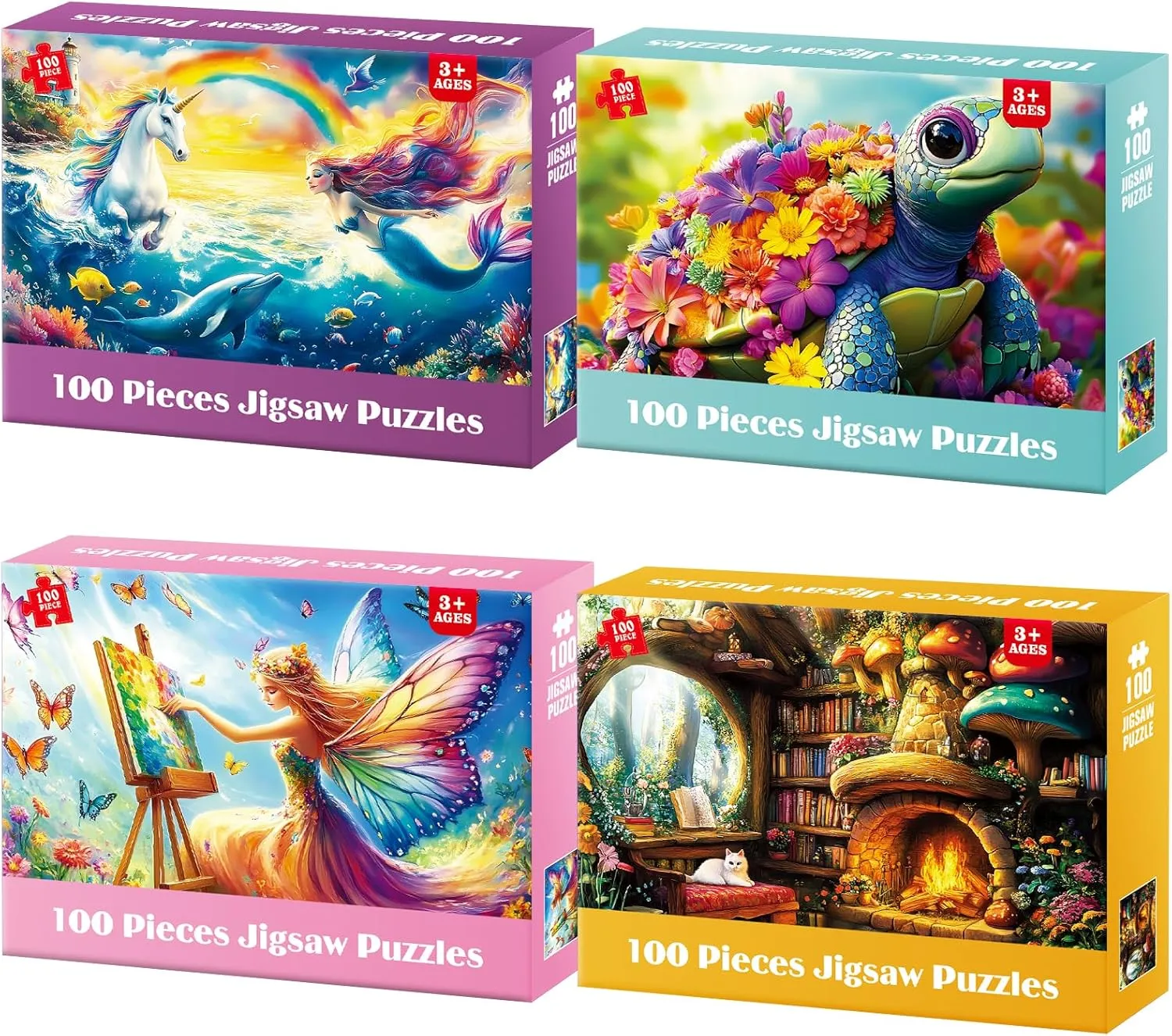 for Girls Boys 4 Packs 100 Piece Puzzles for Kids Ages 6-8 8-10, Mermaid Unicorn Puzzle for Girls alert destination sidewalk linoleum eighteen 4-6 Years Old Educational 100 Piece Large Jigsaw Puzzles, Kids Puzzles 4-6 Toys Gifts 