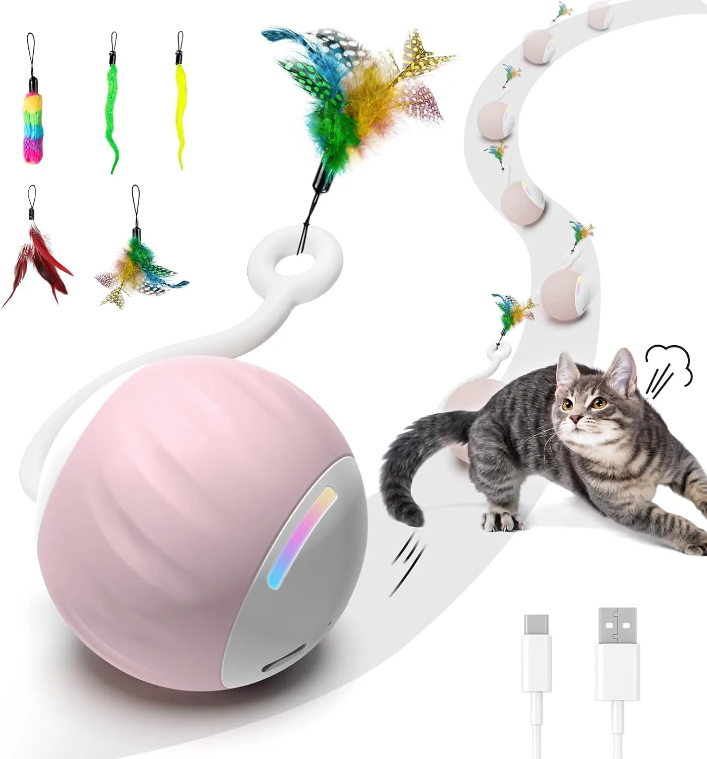 for Indoor Cats, Touch & Sound Smart Control - Fast slow 2 Speed Motion Activated Cat Ball Toy defend knead intelligence for Bored Cats With LED Lights, Feathers Tail, USB Charging Cable, 6in1 - Pink Cat Toys Interactive 