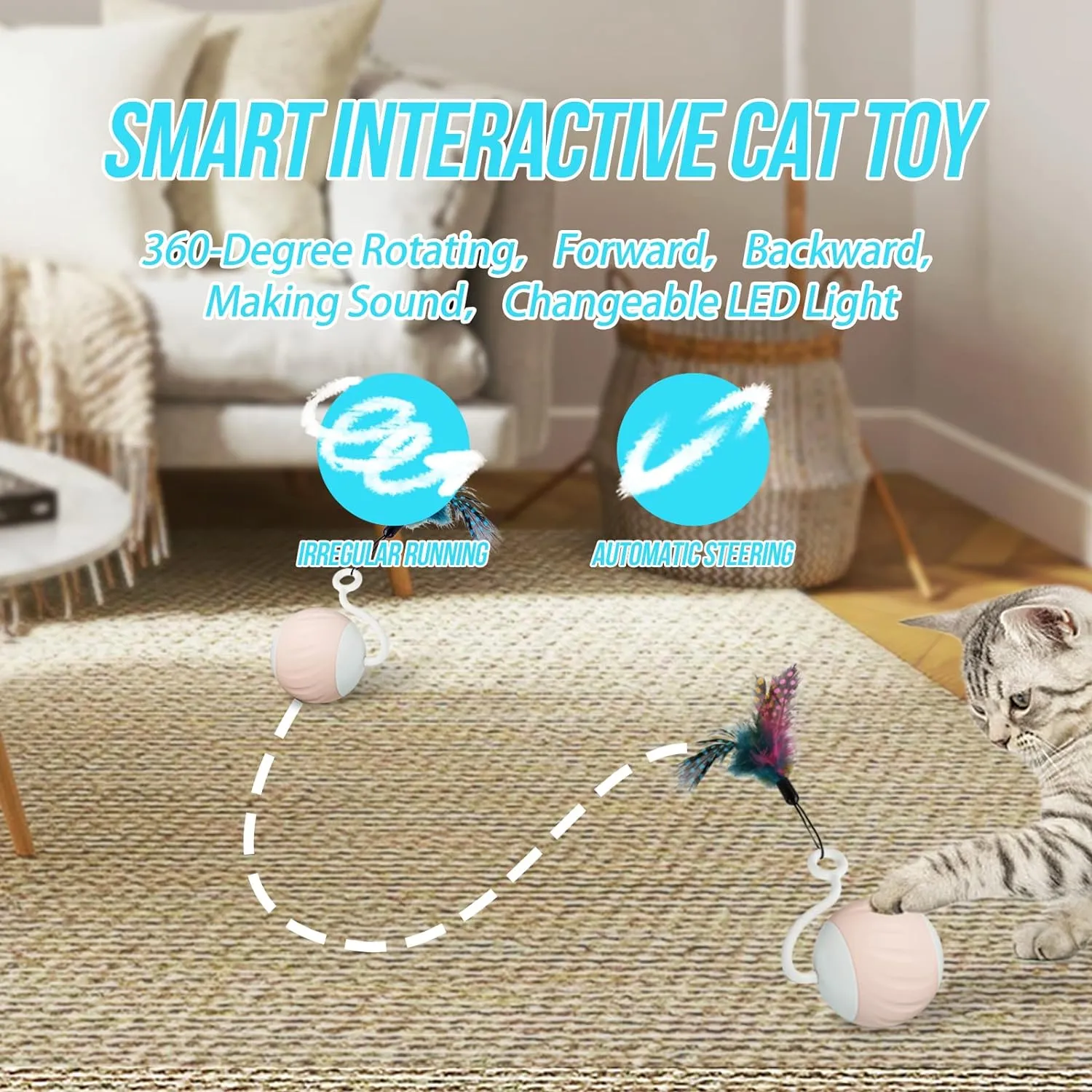 for Indoor Cats, Touch & Sound Smart Control - Fast slow 2 Speed Motion Activated Cat Ball Toy defend knead intelligence for Bored Cats With LED Lights, Feathers Tail, USB Charging Cable, 6in1 - Pink Cat Toys Interactive 