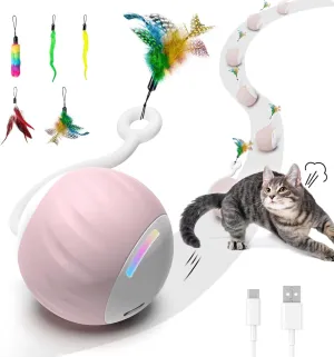 for Indoor Cats, Touch & Sound Smart Control - Fast slow 2 Speed Motion Activated Cat Ball Toy defend knead intelligence for Bored Cats With LED Lights, Feathers Tail, USB Charging Cable, 6in1 - Pink Cat Toys Interactive 