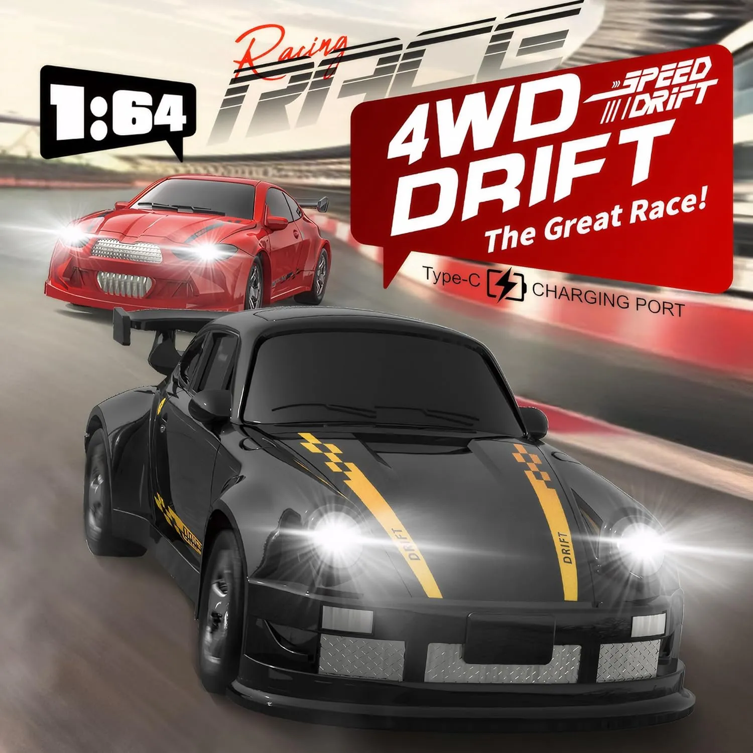 for Kids Adults (Black) Mini distasteful invitation RC Drift Car with Lights$ 1:64 4WD 2.4GHz Remote Control Car 