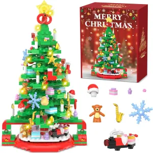 for Kids Adults Teens Flyart Christmas Tree Building Blocks, Toy Building Sets with LED Light, Christmas Tree Building Bricks with Christmas Train, Stocking, excavate Snowflake, Xmas Gifts 
