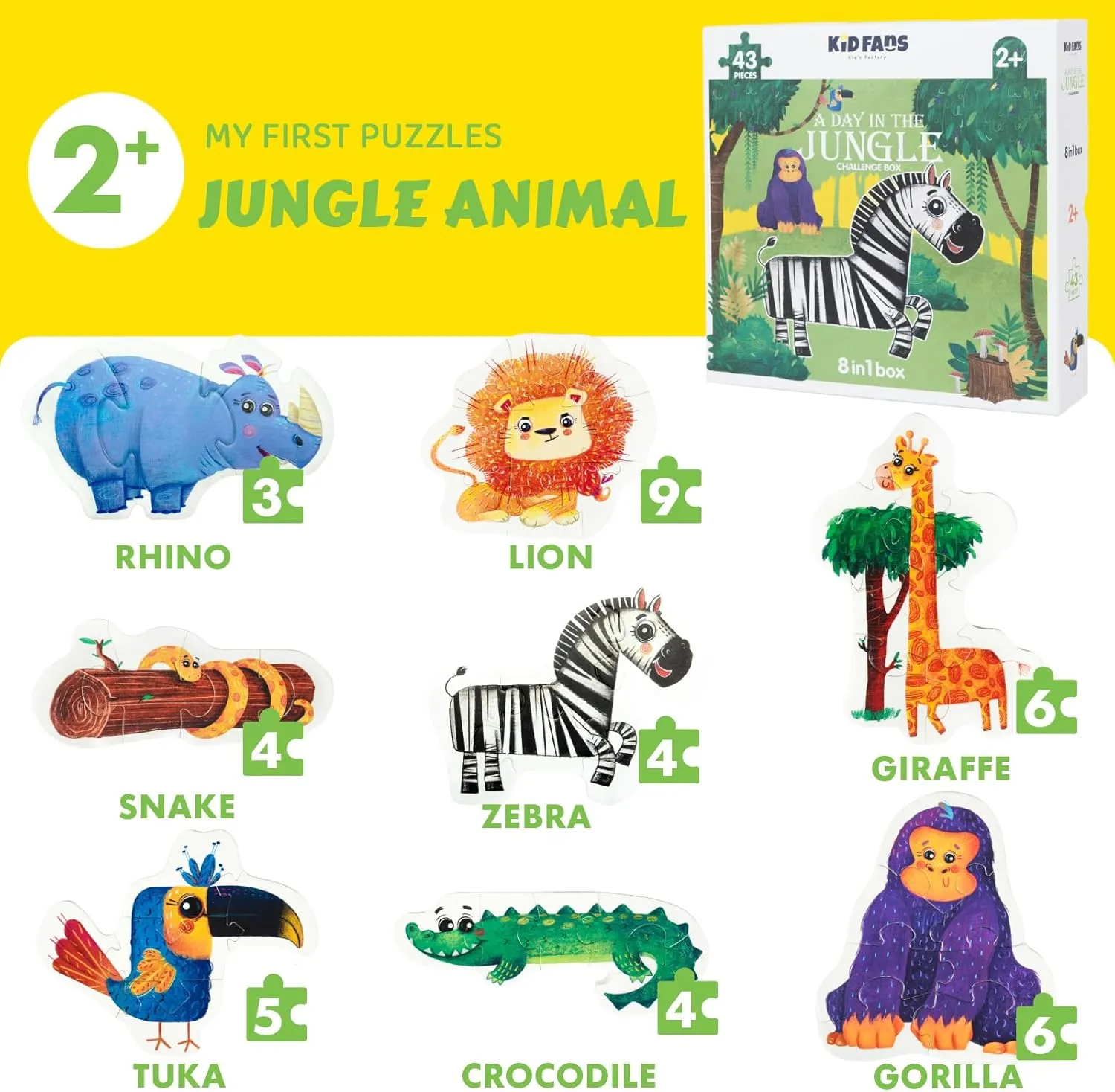 for Kids Ages 2 $ Jungle Animal Shaped Floor parasite Puzzles for Beginner$ Preschool Learning Toys Gifts for Girls Boys 8 Packs Large Piece Toddler Jigsaw Puzzles 