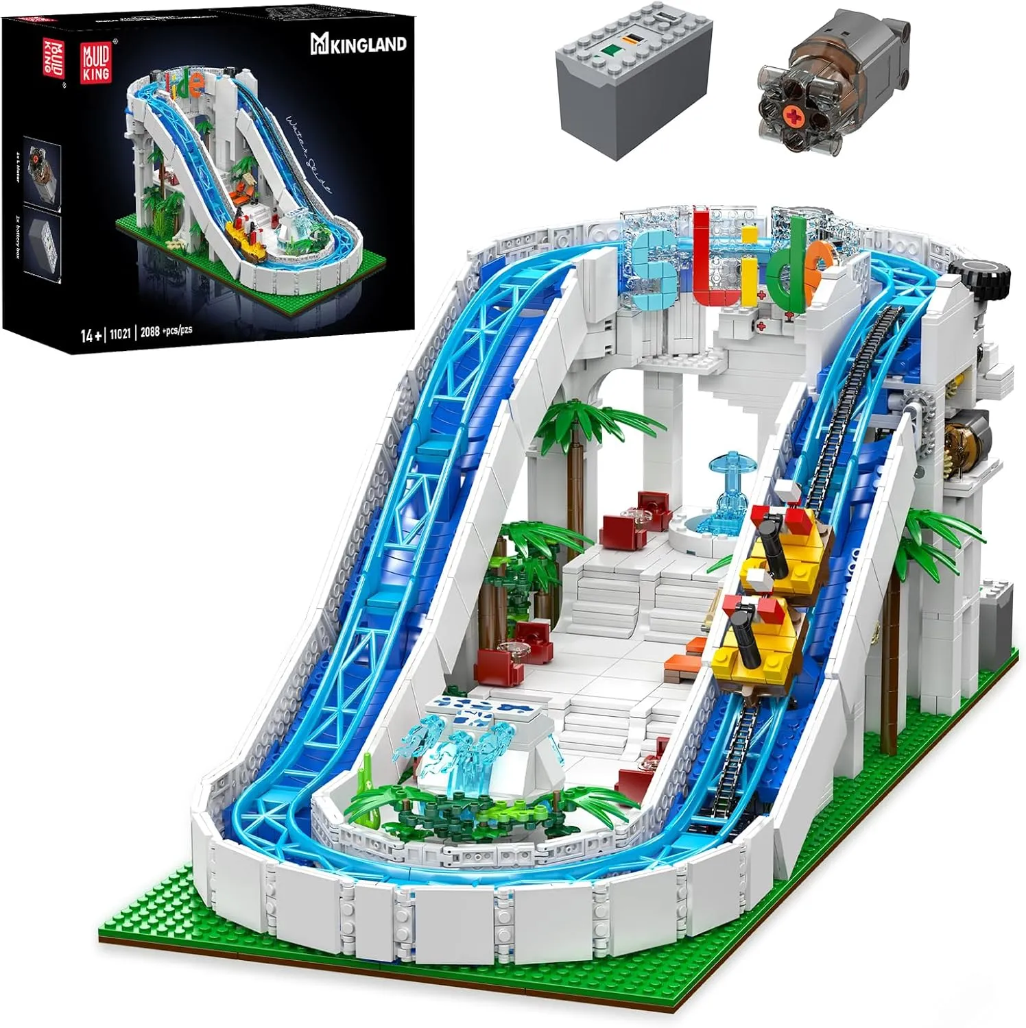 for Kids$ Includes Riding Cars$ Coconut Trees$ Beach Chairs$ Ideal Gift Toy for Adult��2088 Pcs�� Mould King 11021 originator Water Slide Paradise Model$ Roller Coaster Summer Toy Building Set 