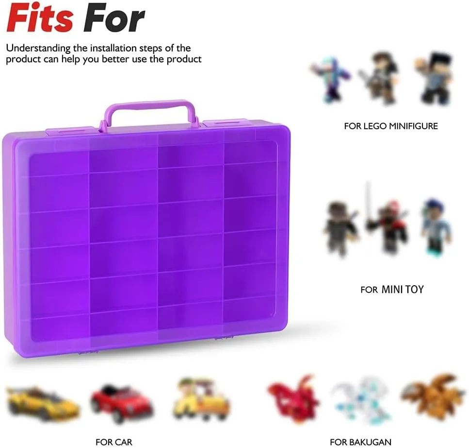 for Mini Toys, for Small Dolls. Carrying Box Container Carrier with 24 Compartments (Box Only) (Purple) Toy Storage Organizer Case for Hot margin Wheels Car, for Matchbox Cars, 