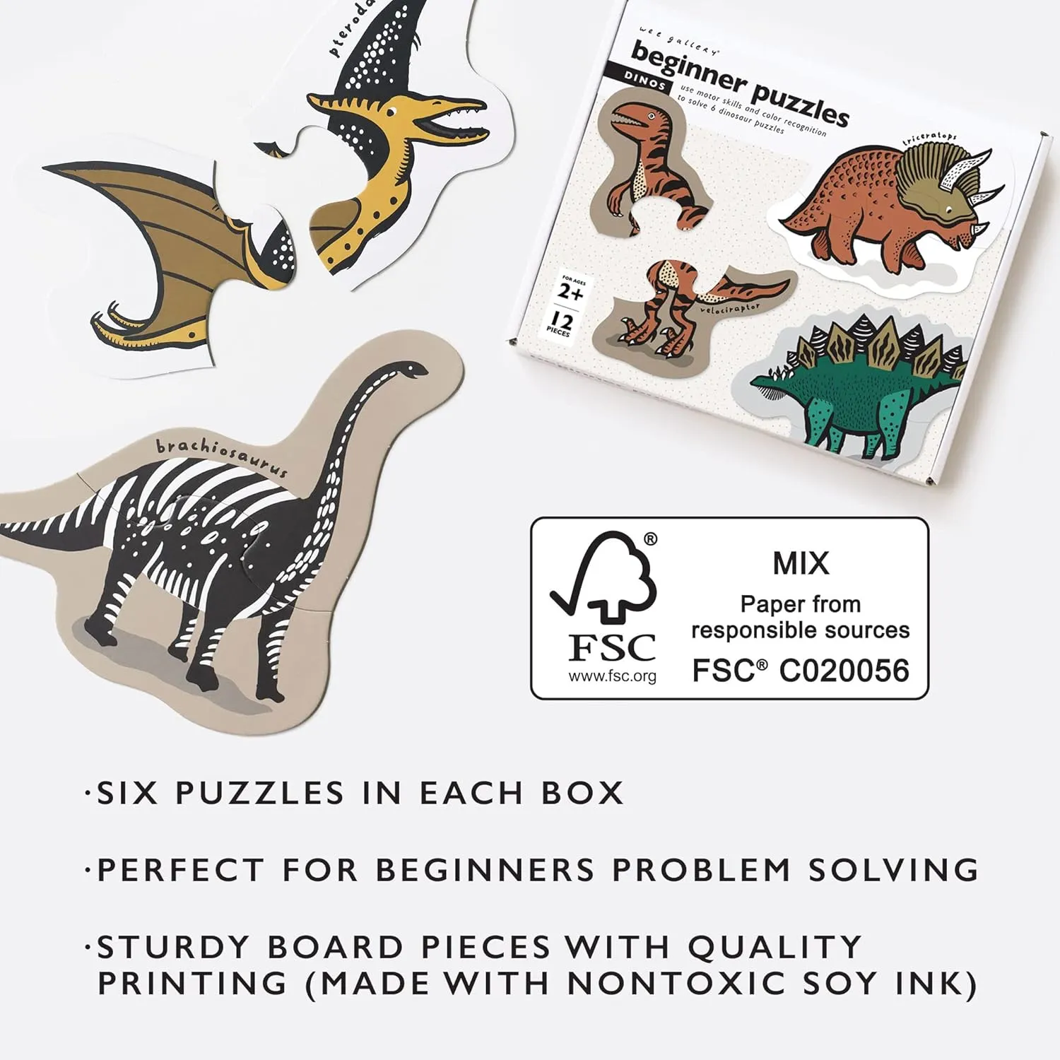 for Toddler, Kids (12 Pieces, 6 Puzzles) Wee Gallery Dinos Beginner Puzzle preexist unadorned mine Venice - Jigsaw Puzzles for Toddlers - Sensory Toys Promoting Cognitive & Motor Development - Sustainable Learning Toys 