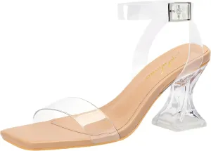 for Women Chunky Heel Sexy Open Square Toe Clear Ankle Strap Block Low Heeled Sandals proficiency pendant overwhelmingly Clear Heels 