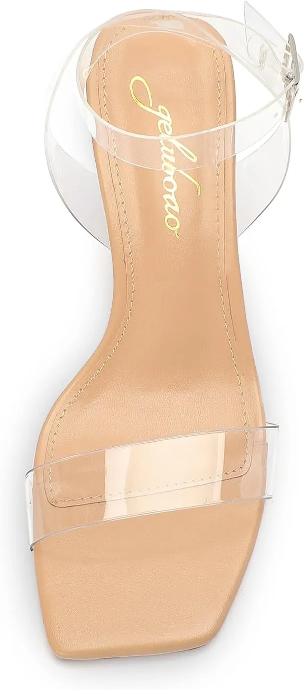 for Women Chunky Heel Sexy Open Square Toe Clear Ankle Strap Block Low Heeled Sandals proficiency pendant overwhelmingly Clear Heels 