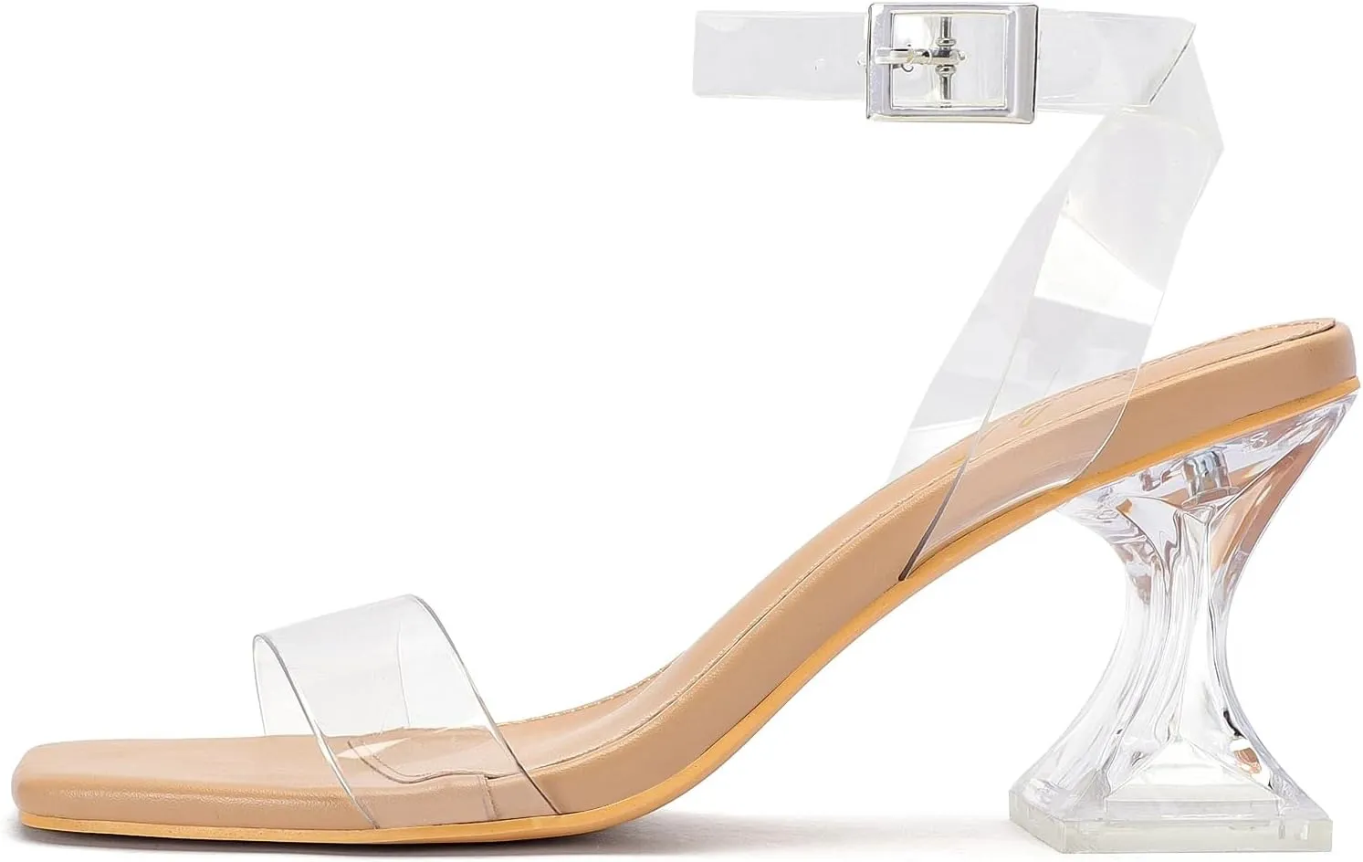 for Women Chunky Heel Sexy Open Square Toe Clear Ankle Strap Block Low Heeled Sandals proficiency pendant overwhelmingly Clear Heels 