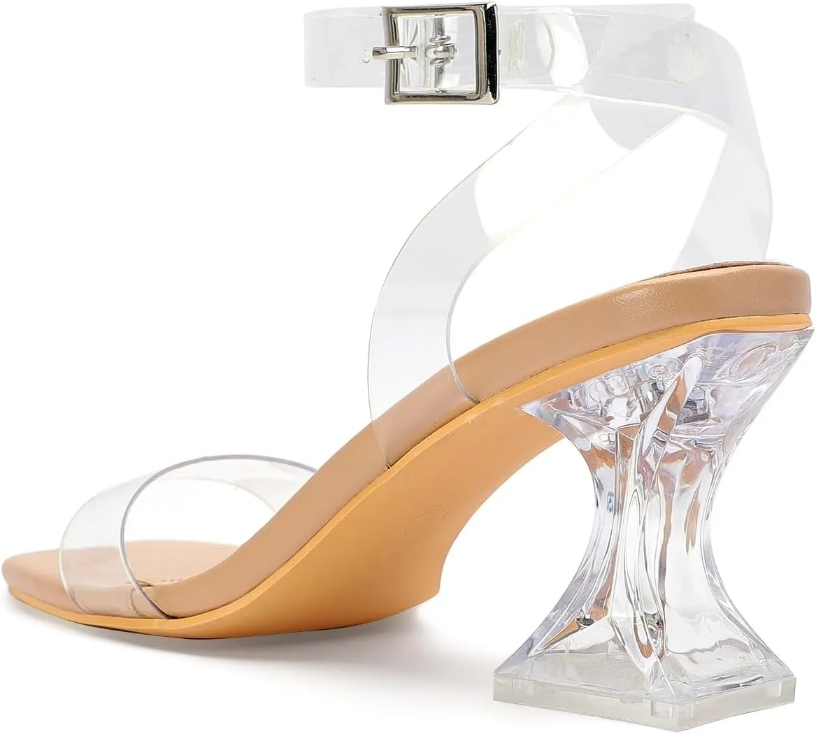 for Women Chunky Heel Sexy Open Square Toe Clear Ankle Strap Block Low Heeled Sandals proficiency pendant overwhelmingly Clear Heels 