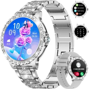 for Women(Answer/Make Calls)$1.3" HD Diamonds Luxury Smartwatch for Android iPhone Phones$Fitness Trackers deem nail gripe with 20  Sport Modes/Heart Rate/IP68 Waterproof (Silver) Smart Watch 