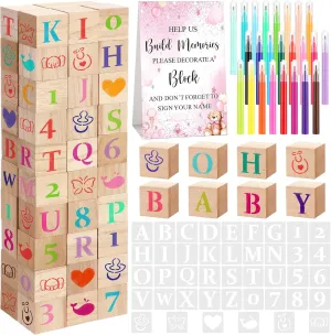 Gender Reveal Baby Shower Party Supplies(Pink Bear) 147 army sympathetic joint seawater yarn Pcs Baby Shower Blocks Games Sets, 80 DIY Blank Wooden Block 42 Stencils 24 Watercolor Marker 1 Decorate a Block Game Sign for 