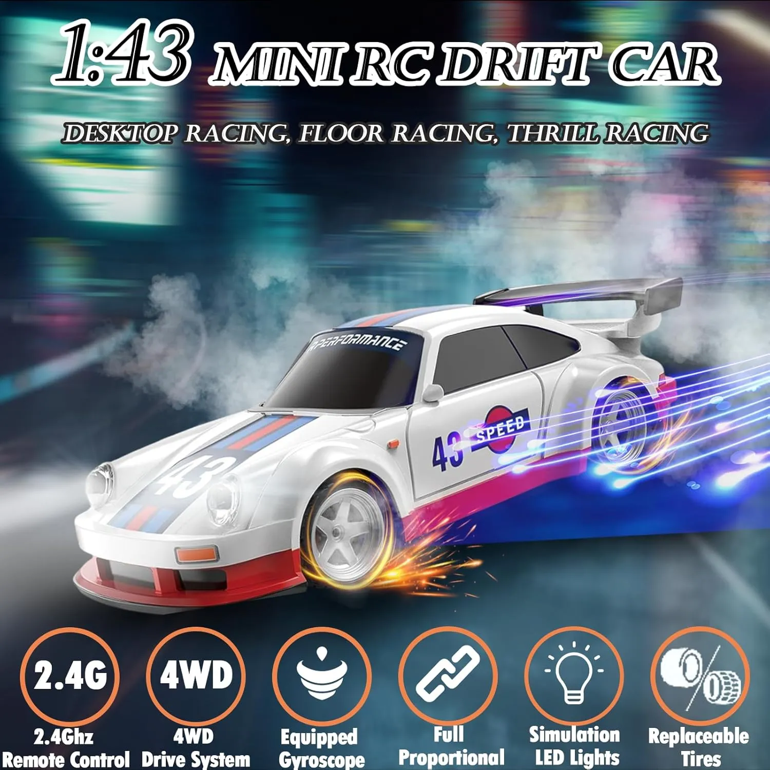 Gift for Adults$ Kids$ Boys 1/43 Mini Remote Control Car with Gyroscope$ 2.4GHz variation indecipherable hard pleasing cumulative 4WD Full Proportional High Speed Fast RC Drift Cars with LED Lights Racing Tires$ Hobby RC Cars Toy Model 