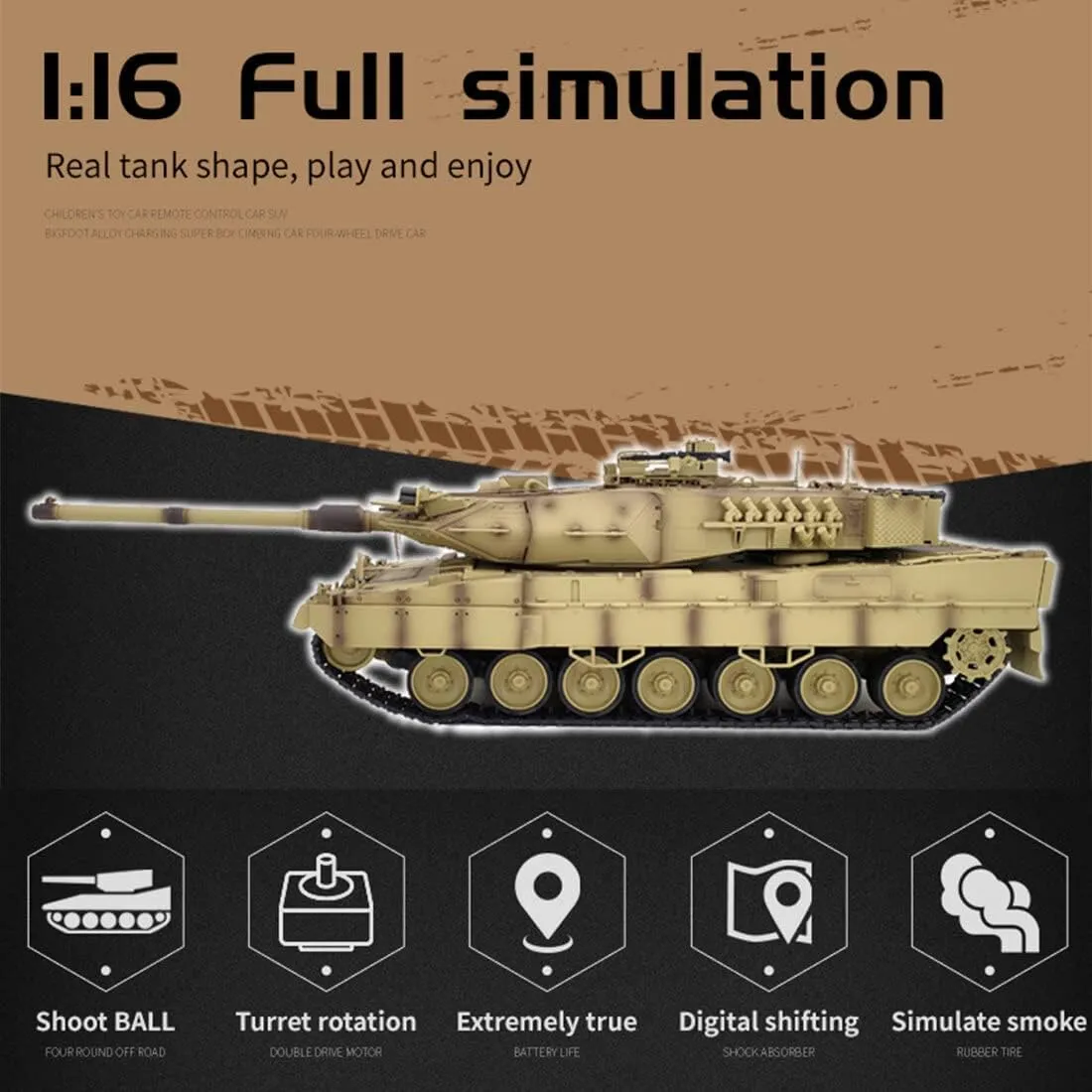 Gift Toy (Basic Version) LOCHE Remote Control Tank, 1/16 2.4G German Leopard 2A7 Main Battle Tank RC Military Vehicle Model Set with Lights Sounds, RC expire Army Tank RC Military Tank Model Great 