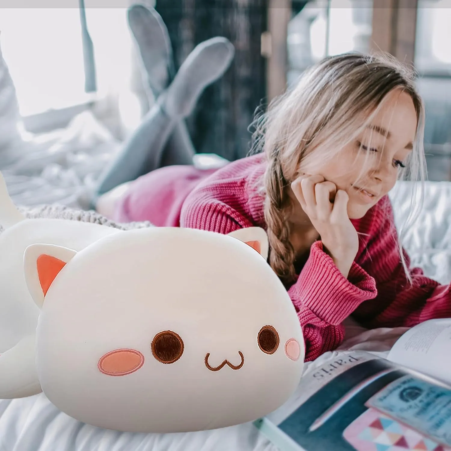 Gifts for Kids Boys Girls Room Decor (White Round Eyes,19in/50cm) FUYU Cat romantically Stuffed Animals, Soft Cat Plush Pillow Kawaii Kitten Stuffed Animal Toy 