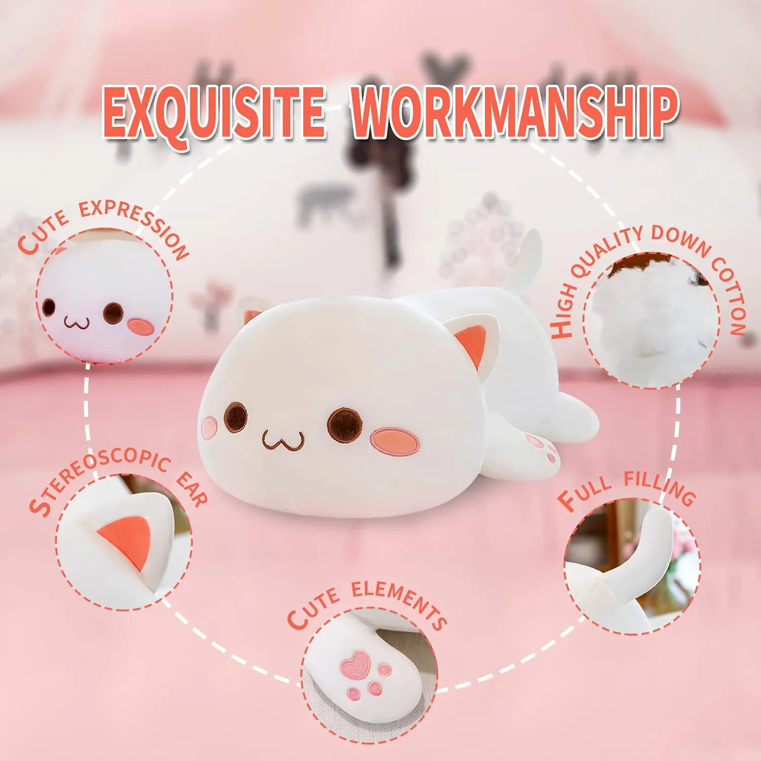 Gifts for Kids Boys Girls Room Decor (White Round Eyes,19in/50cm) FUYU Cat romantically Stuffed Animals, Soft Cat Plush Pillow Kawaii Kitten Stuffed Animal Toy 