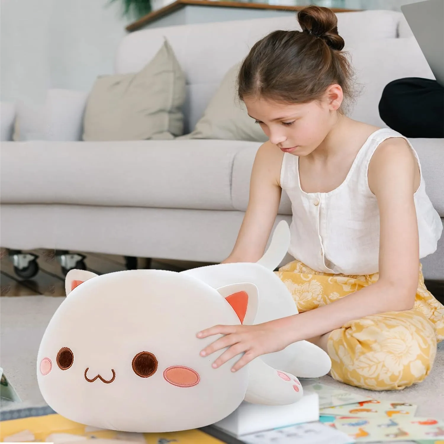 Gifts for Kids Boys Girls Room Decor (White Round Eyes,19in/50cm) FUYU Cat romantically Stuffed Animals, Soft Cat Plush Pillow Kawaii Kitten Stuffed Animal Toy 