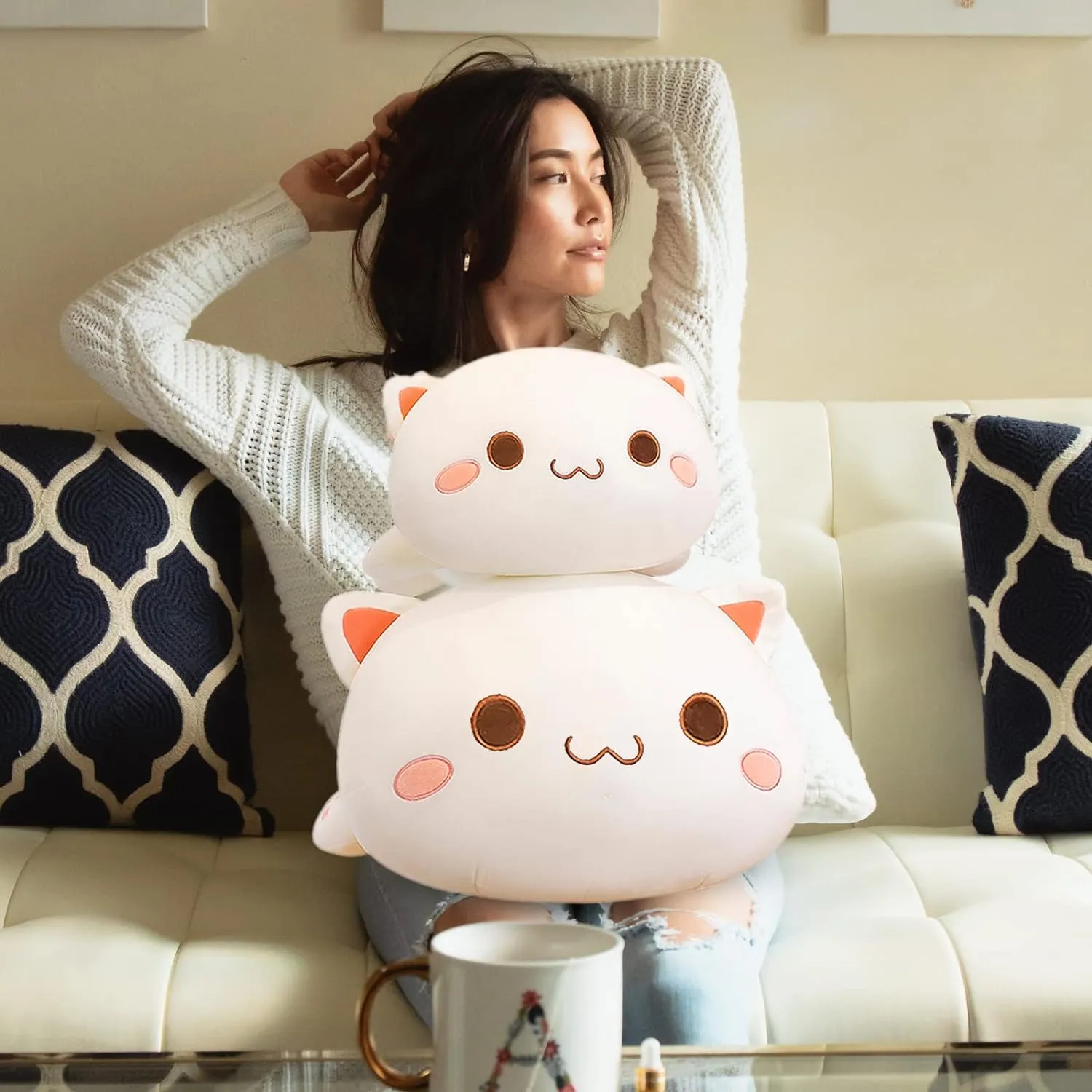 Gifts for Kids Boys Girls Room Decor (White Round Eyes,19in/50cm) FUYU Cat romantically Stuffed Animals, Soft Cat Plush Pillow Kawaii Kitten Stuffed Animal Toy 