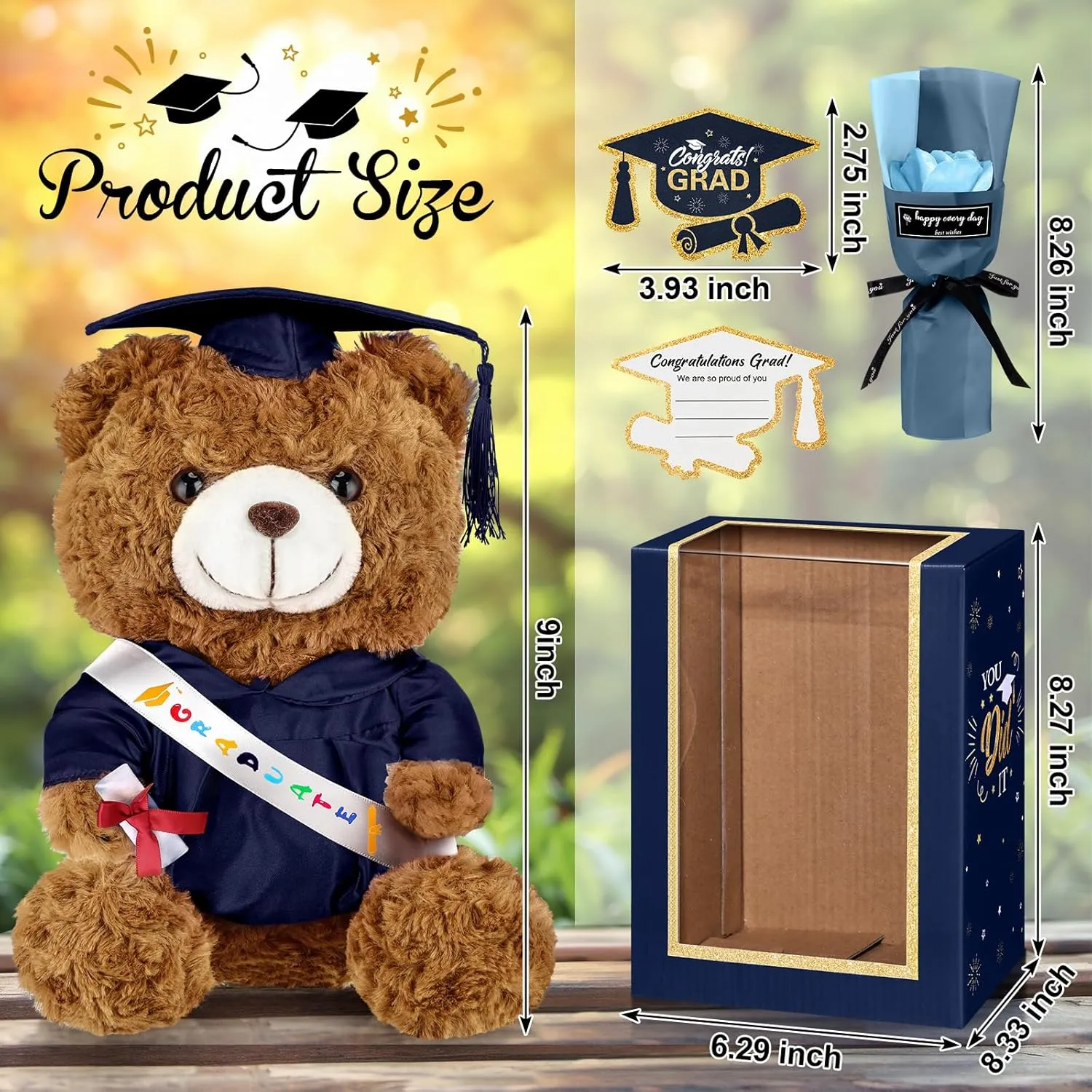 Gifts Set Include Stuffed Animal Bear with Gown Cap Tassel Class of 2025 Grad Card Soap Artificial Flower Box with Window Graduation Gift for Him caledonian governmental rime musical Her(Navy) Graduation Bear 