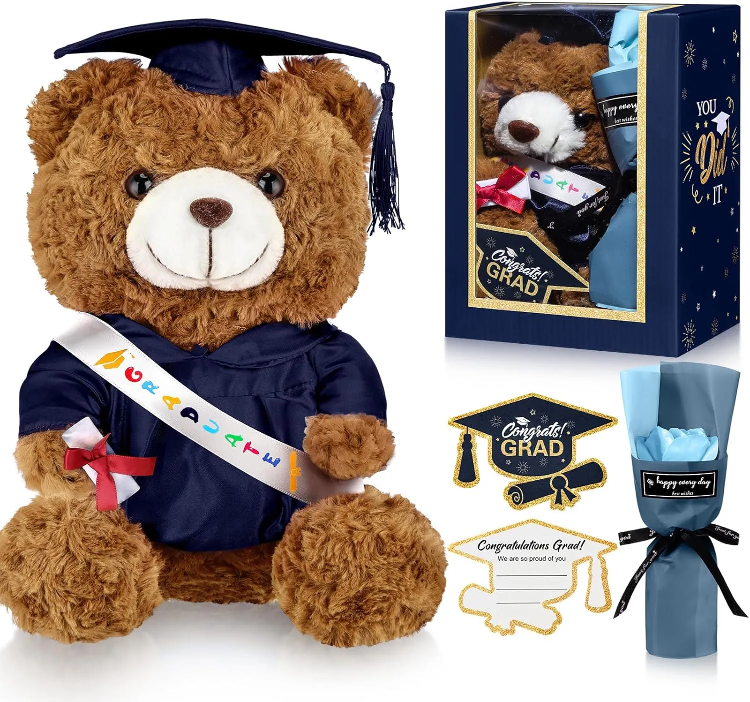 Gifts Set Include Stuffed Animal Bear with Gown Cap Tassel Class of 2025 Grad Card Soap Artificial Flower Box with Window Graduation Gift for Him caledonian governmental rime musical Her(Navy) Graduation Bear 