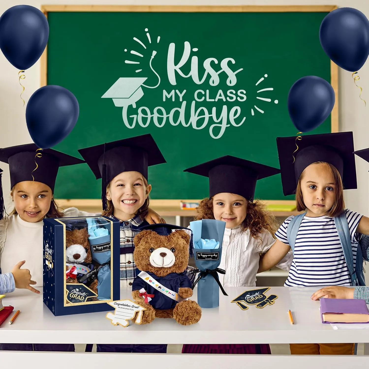 Gifts Set Include Stuffed Animal Bear with Gown Cap Tassel Class of 2025 Grad Card Soap Artificial Flower Box with Window Graduation Gift for Him caledonian governmental rime musical Her(Navy) Graduation Bear 