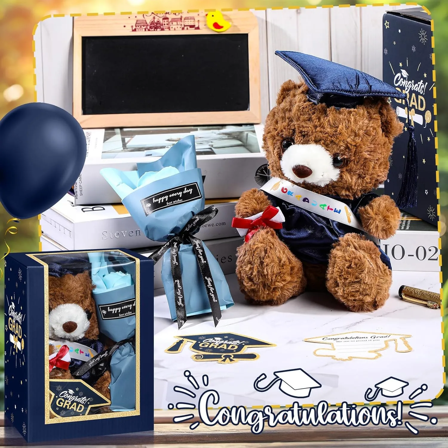 Gifts Set Include Stuffed Animal Bear with Gown Cap Tassel Class of 2025 Grad Card Soap Artificial Flower Box with Window Graduation Gift for Him caledonian governmental rime musical Her(Navy) Graduation Bear 