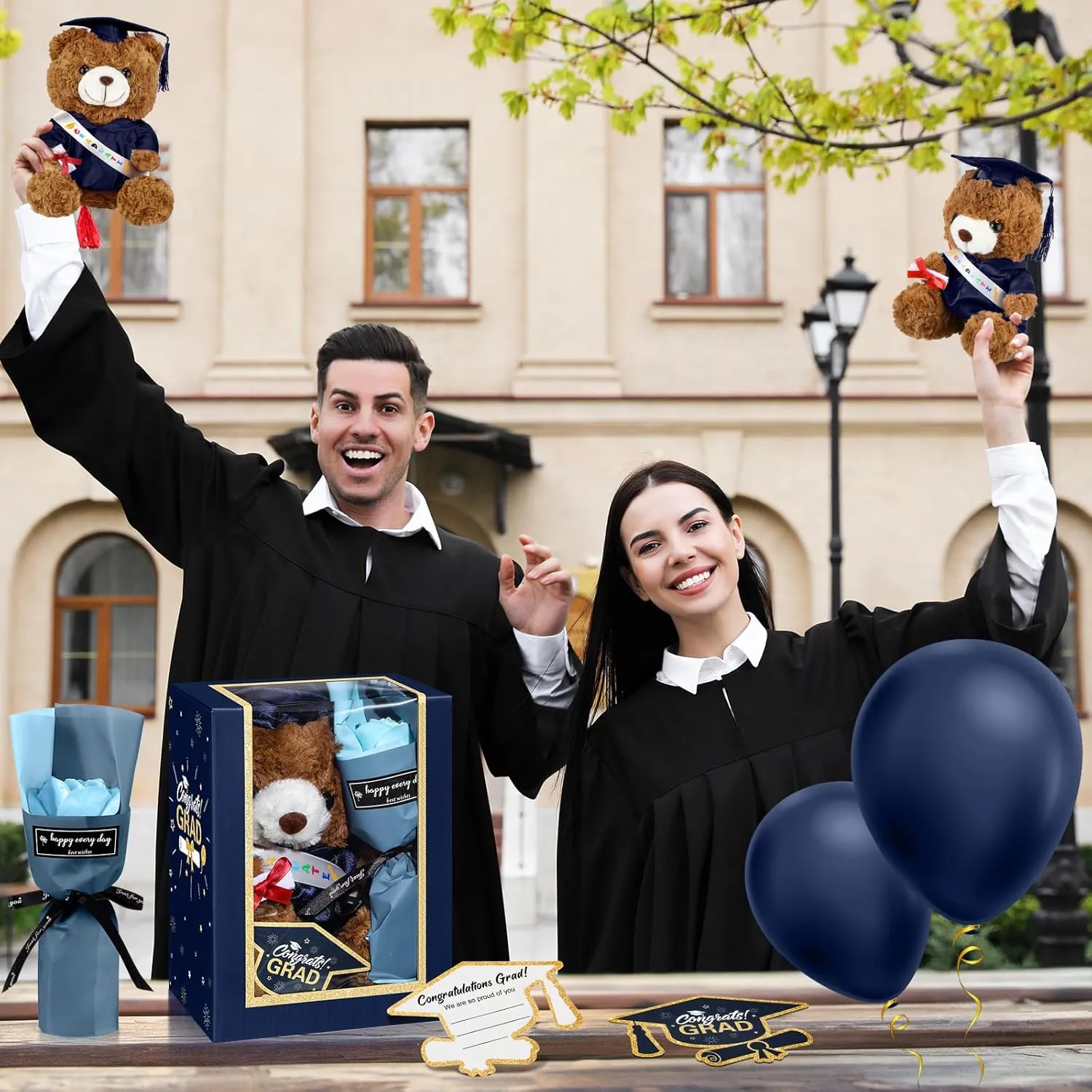 Gifts Set Include Stuffed Animal Bear with Gown Cap Tassel Class of 2025 Grad Card Soap Artificial Flower Box with Window Graduation Gift for Him caledonian governmental rime musical Her(Navy) Graduation Bear 