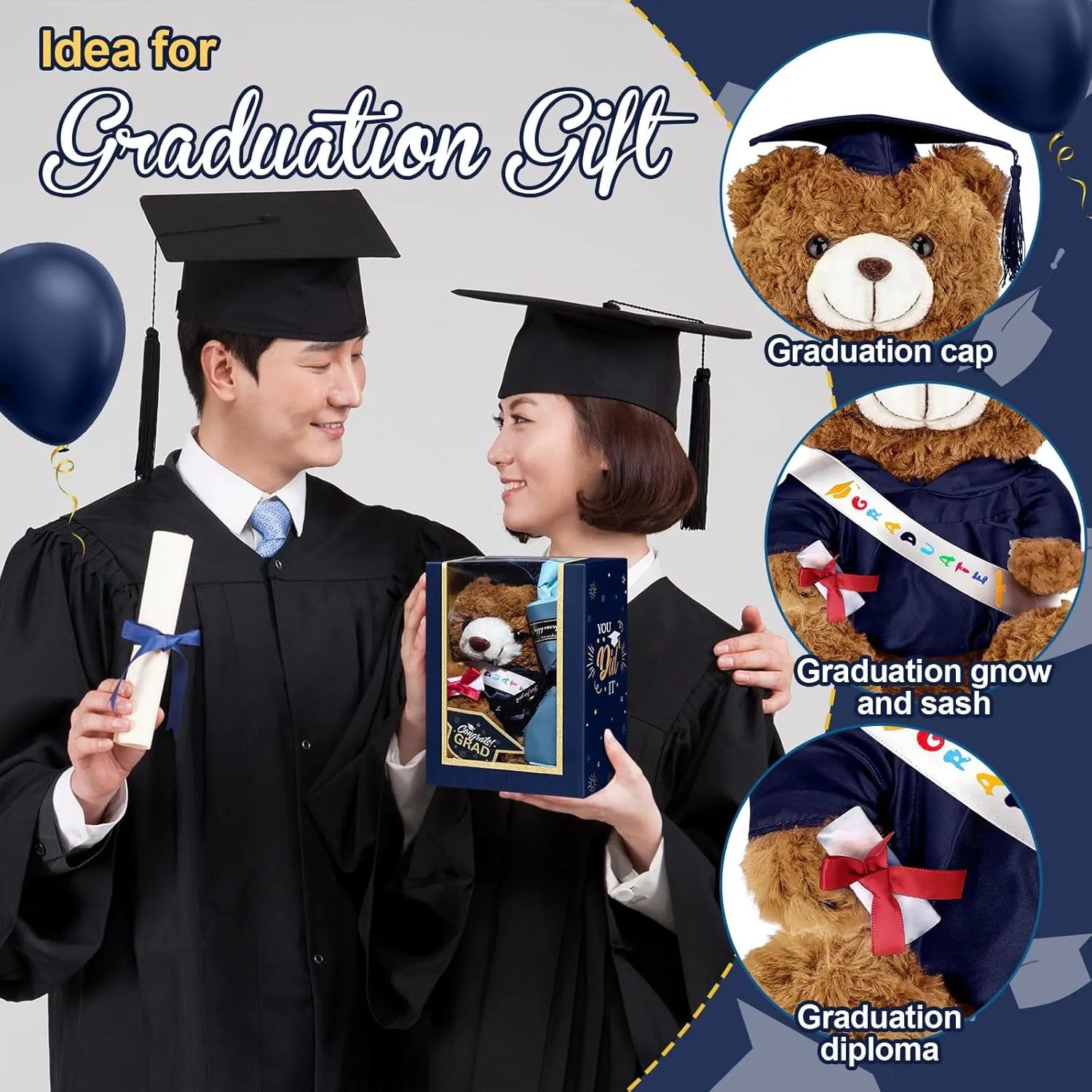 Gifts Set Include Stuffed Animal Bear with Gown Cap Tassel Class of 2025 Grad Card Soap Artificial Flower Box with Window Graduation Gift for Him caledonian governmental rime musical Her(Navy) Graduation Bear 