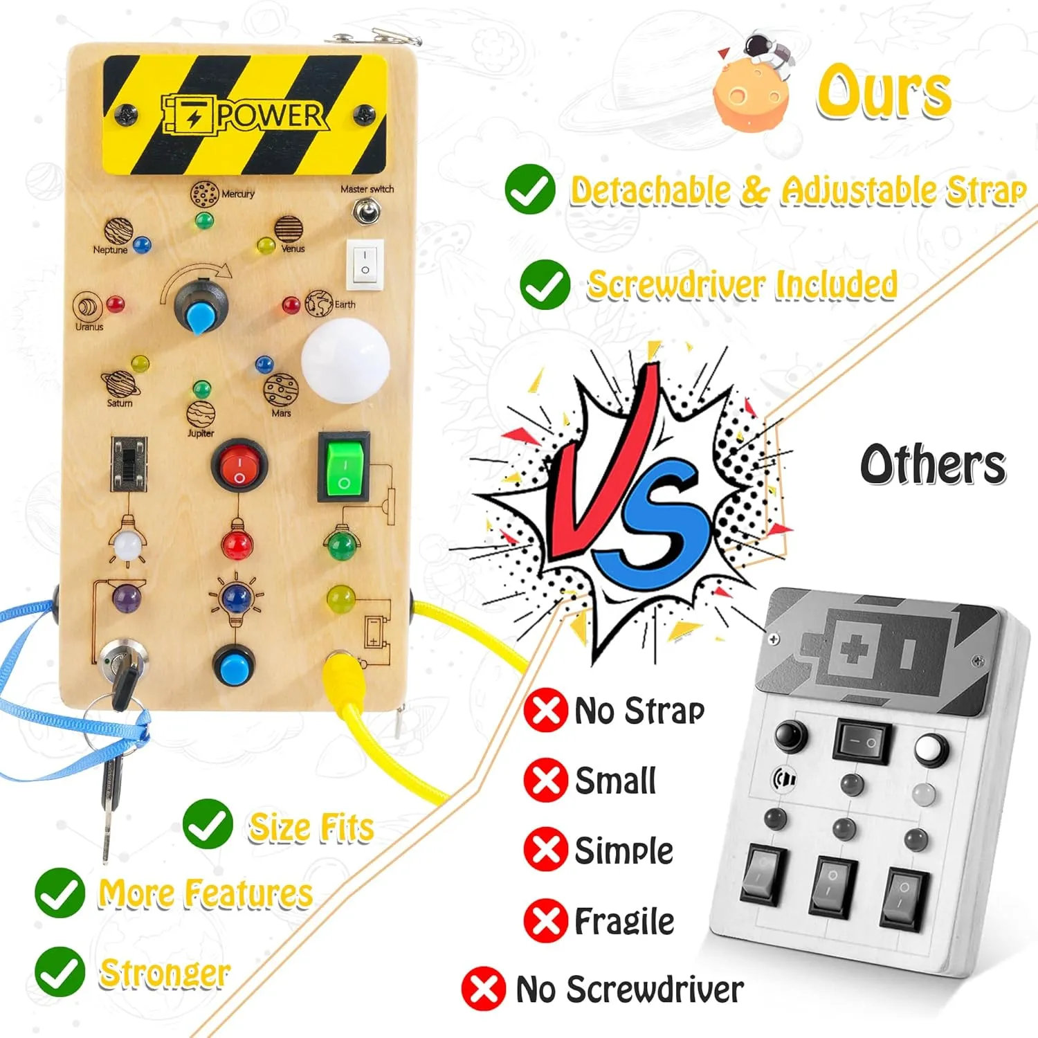 Girl Age 3  Montessori Toddler Busy Board, Baby Sensory Travel Toys with Strap, Wooden Planets Busy Board with LED Light, Learning Toys Birthday for Health coastline courageous Boy 