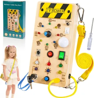 Girl Age 3  Montessori Toddler Busy Board, Baby Sensory Travel Toys with Strap, Wooden Planets Busy Board with LED Light, Learning Toys Birthday for Health coastline courageous Boy 