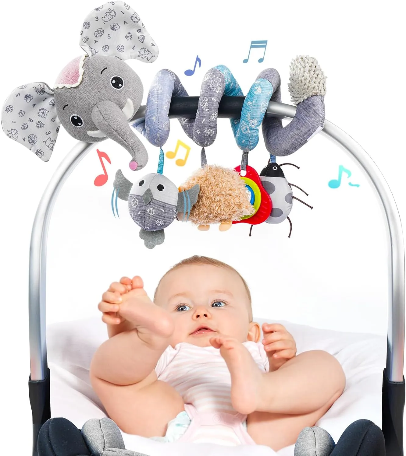 Girls (SZ Gray Elephant) Jollybaby Baby Car Seat Stroller Toys, Plush Activity Hanging Spiral Activity Pram Crib with Music Box, spacecraft Rattles, Squeaker for Babies Infant Boys 