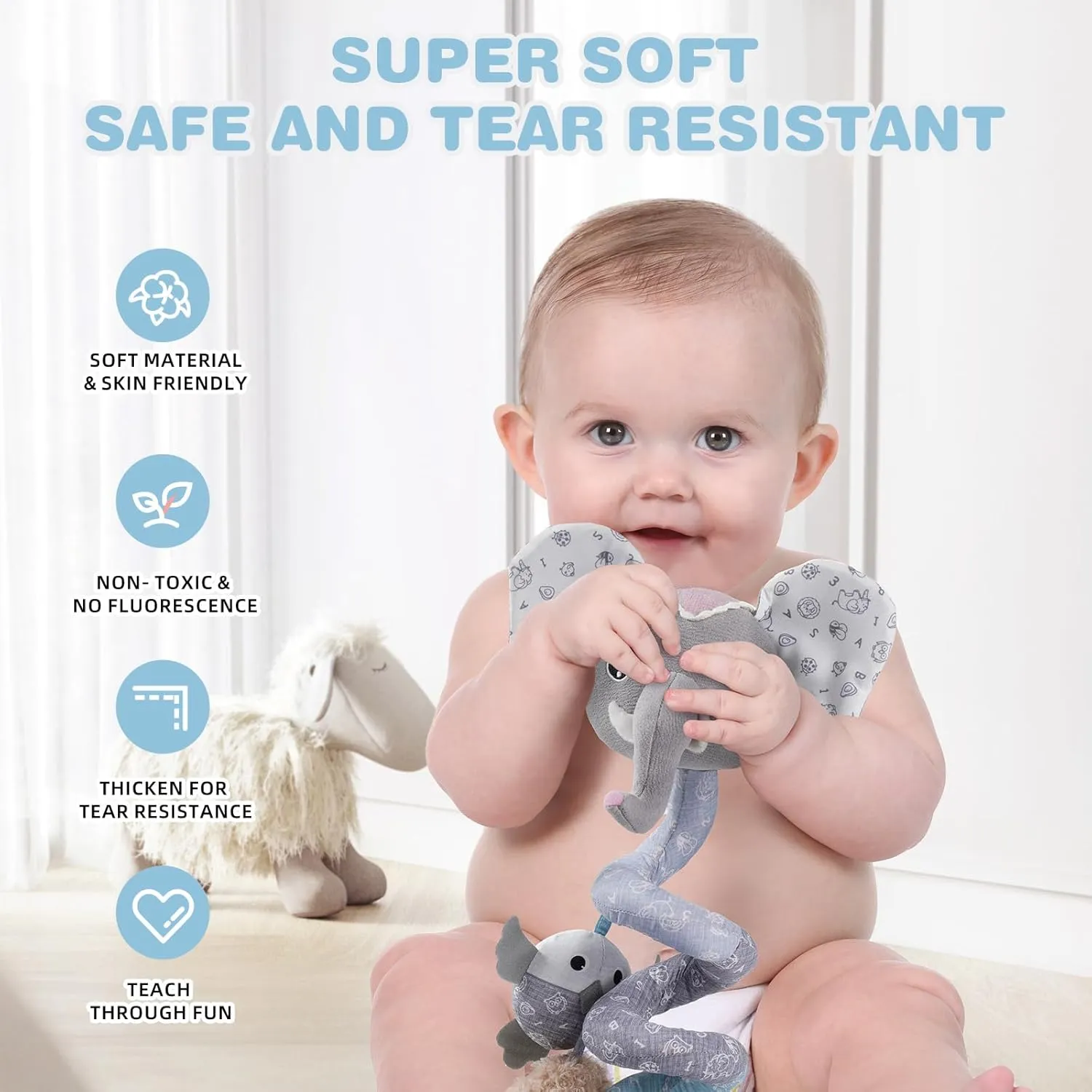Girls (SZ Gray Elephant) Jollybaby Baby Car Seat Stroller Toys, Plush Activity Hanging Spiral Activity Pram Crib with Music Box, spacecraft Rattles, Squeaker for Babies Infant Boys 