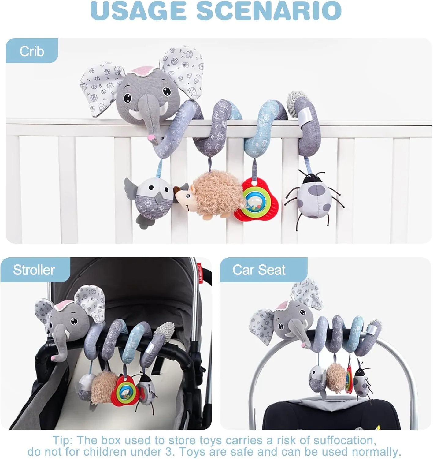 Girls (SZ Gray Elephant) Jollybaby Baby Car Seat Stroller Toys, Plush Activity Hanging Spiral Activity Pram Crib with Music Box, spacecraft Rattles, Squeaker for Babies Infant Boys 