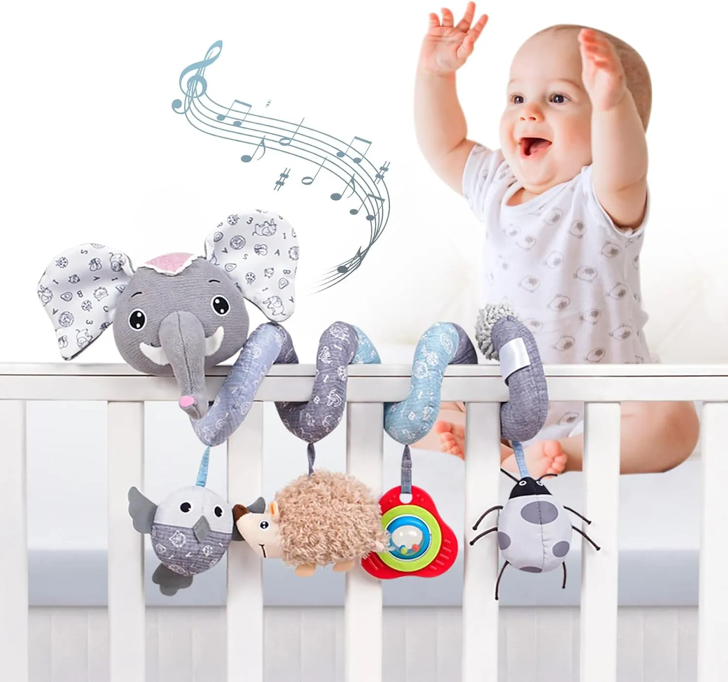 Girls (SZ Gray Elephant) Jollybaby Baby Car Seat Stroller Toys, Plush Activity Hanging Spiral Activity Pram Crib with Music Box, spacecraft Rattles, Squeaker for Babies Infant Boys 