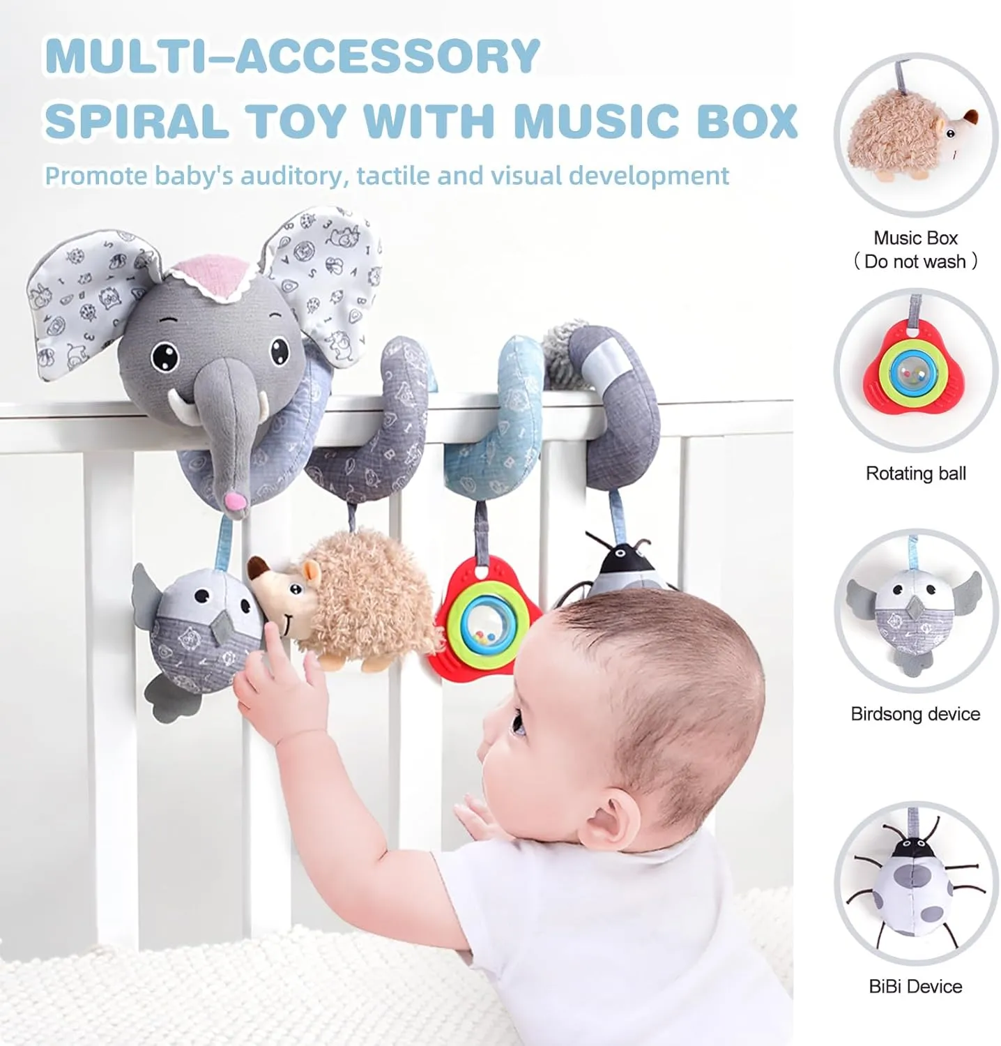 Girls (SZ Gray Elephant) Jollybaby Baby Car Seat Stroller Toys, Plush Activity Hanging Spiral Activity Pram Crib with Music Box, spacecraft Rattles, Squeaker for Babies Infant Boys 