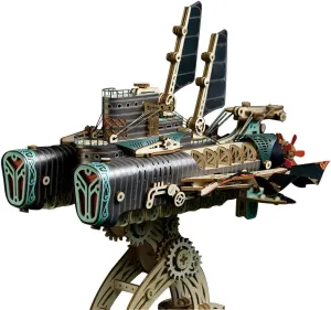Grey$ OI101W1176H15TQSA 3D Wooden Puzzles$ Steampunk civil envelop Fantasy Spaceship Handicraft Model$ Wooden Ship Building Kit$ Desktop Toys Creative Gift Ornament (400 PCS)$ 24.5 x 19 x 21cm$ 