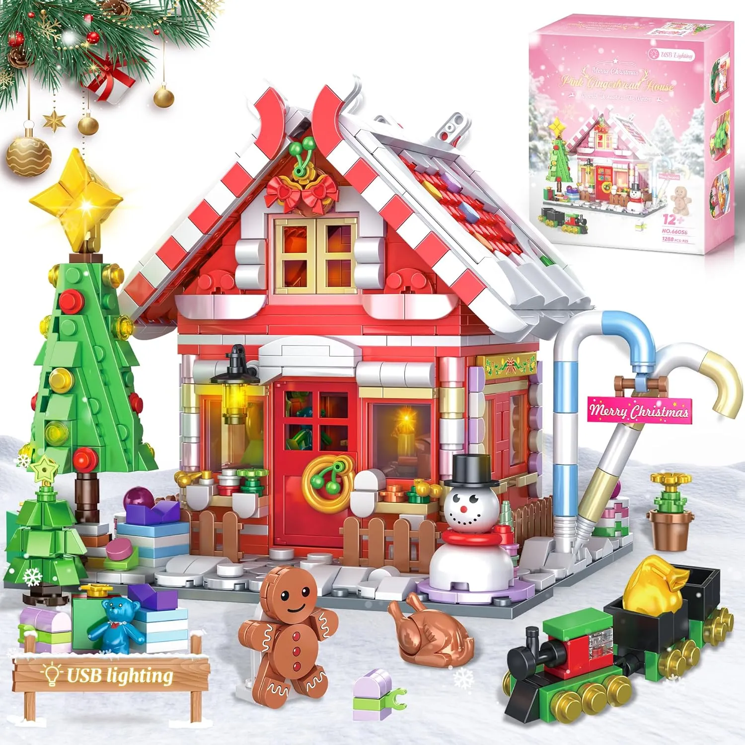 House Building Blocks for Girls Age 8-12 geometrically eccentric frail radius with LED Lights, Dark Pink Christmas Village House Blocks Set with Christmas Tree and Train, 1288 Pcs Gingerbread 