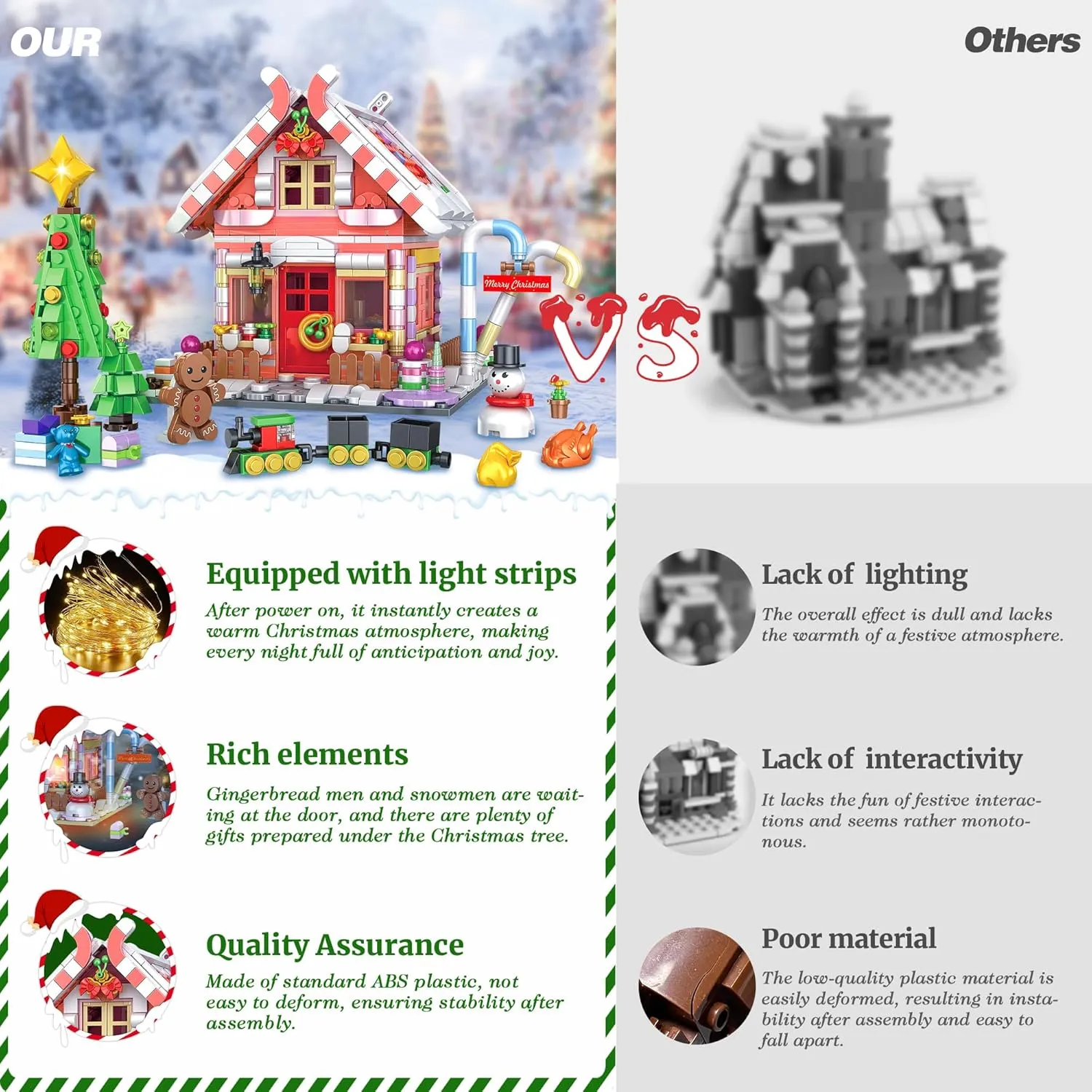 House Building Blocks for Girls Age 8-12 geometrically eccentric frail radius with LED Lights, Dark Pink Christmas Village House Blocks Set with Christmas Tree and Train, 1288 Pcs Gingerbread 