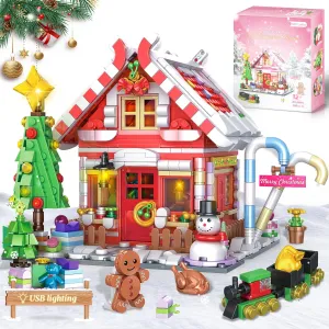 House Building Blocks for Girls Age 8-12 geometrically eccentric frail radius with LED Lights, Dark Pink Christmas Village House Blocks Set with Christmas Tree and Train, 1288 Pcs Gingerbread 